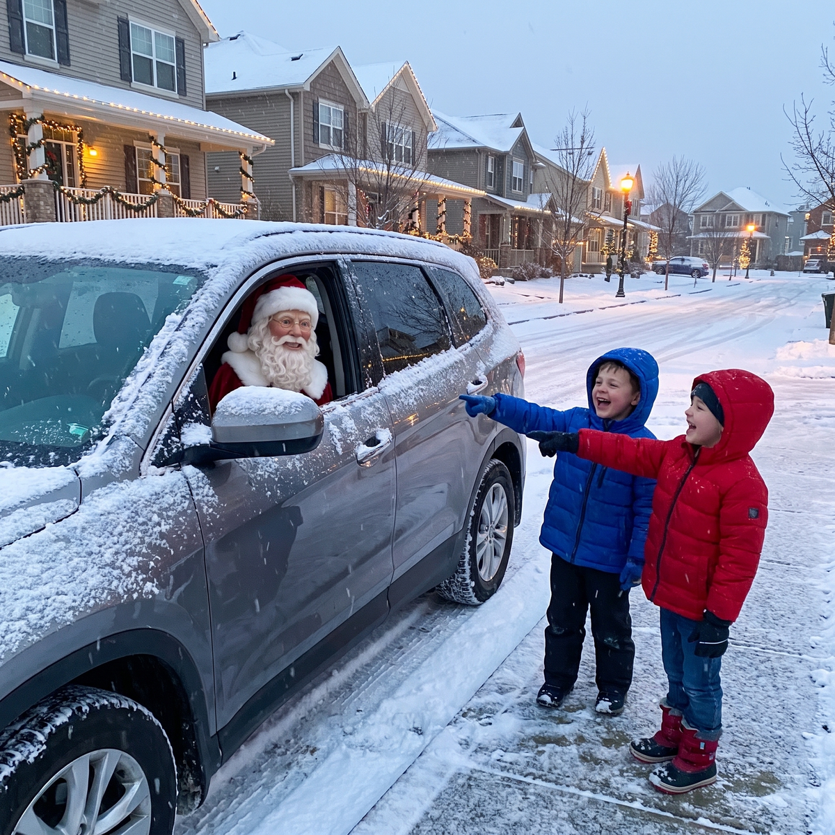 Kids pointing at SleighRider through the car window